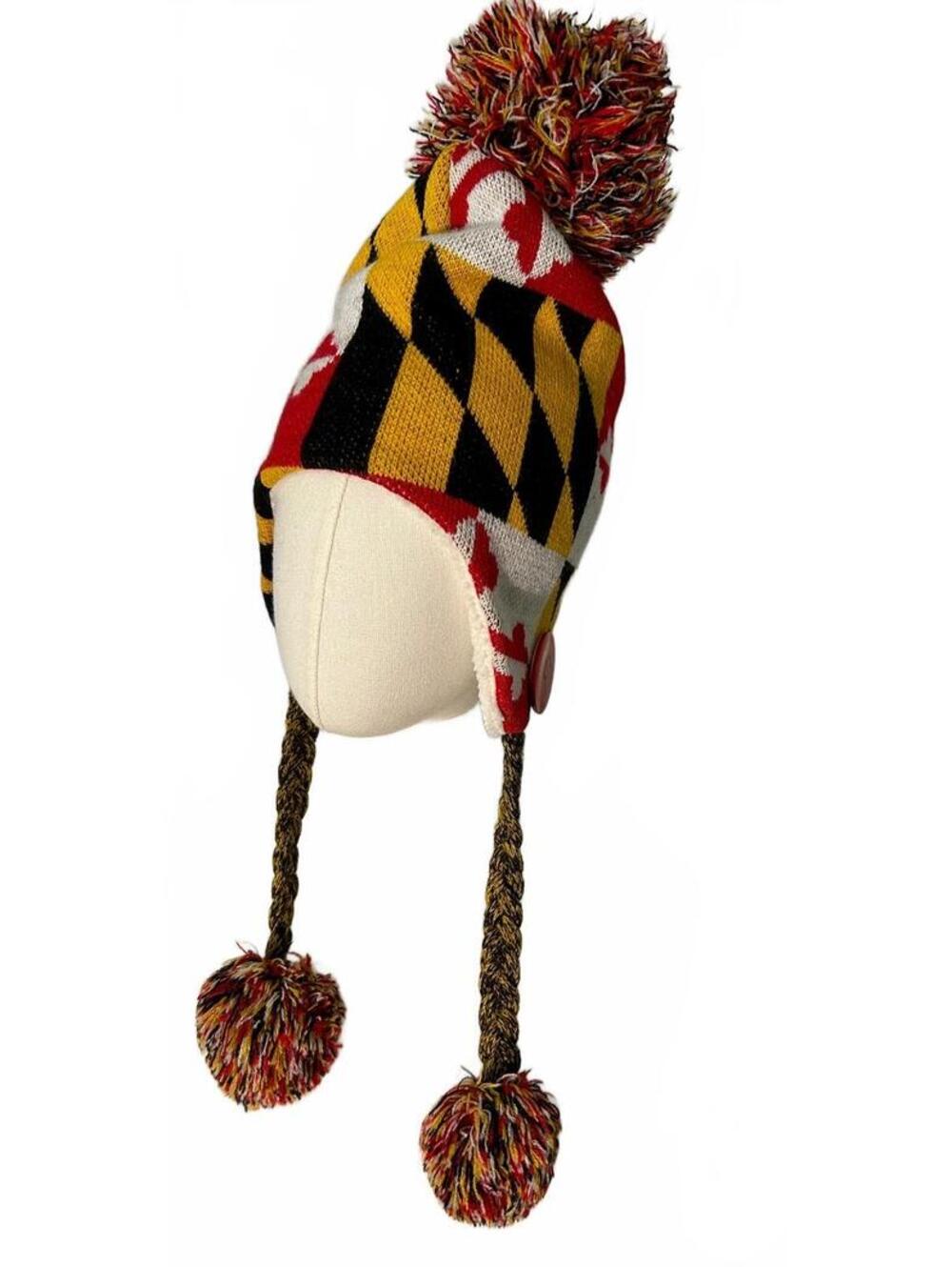 Robin Ruth Maryland Flag Trapper Hat Pom Pom Earflap Sherpa Lined Knit Beanie